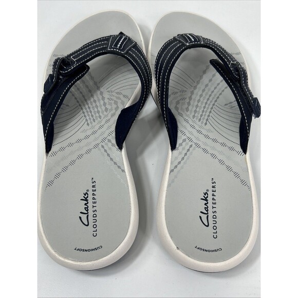 Clarks Cloudsteppers Comfort Flip Flops Sandals Sz 11 Navy Blue Gray Adjustable - Picture 2 of 6